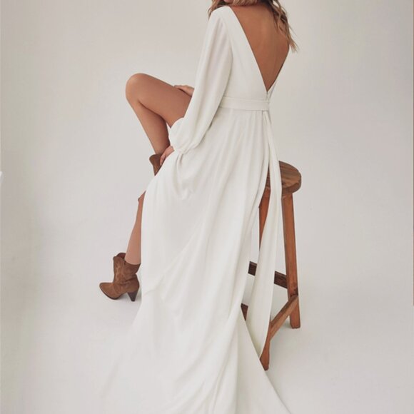 Western Long Sleeve Open Back Wedding Dress - Picture 2 of 3